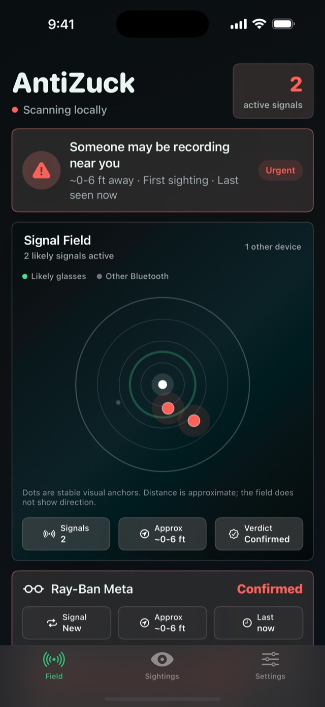 AntiZuck signal field warning that someone may be recording nearby, with two likely camera-glasses signals on a radar.